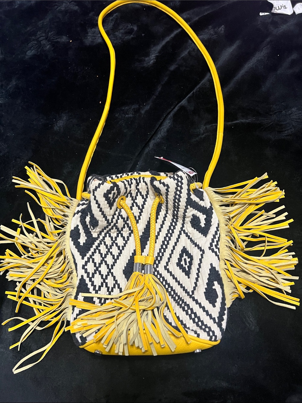 Yellow & Blue Fringe Drawstring Bucket Bag